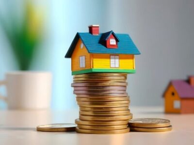 A miniature house on a stack of coins